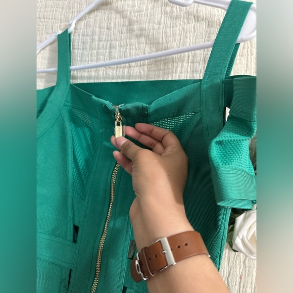 House of CB CALTINA' TEAL BANDAGE AND MESH DRESS WITH BARDOT NECKLINE - Picture 10 of 10